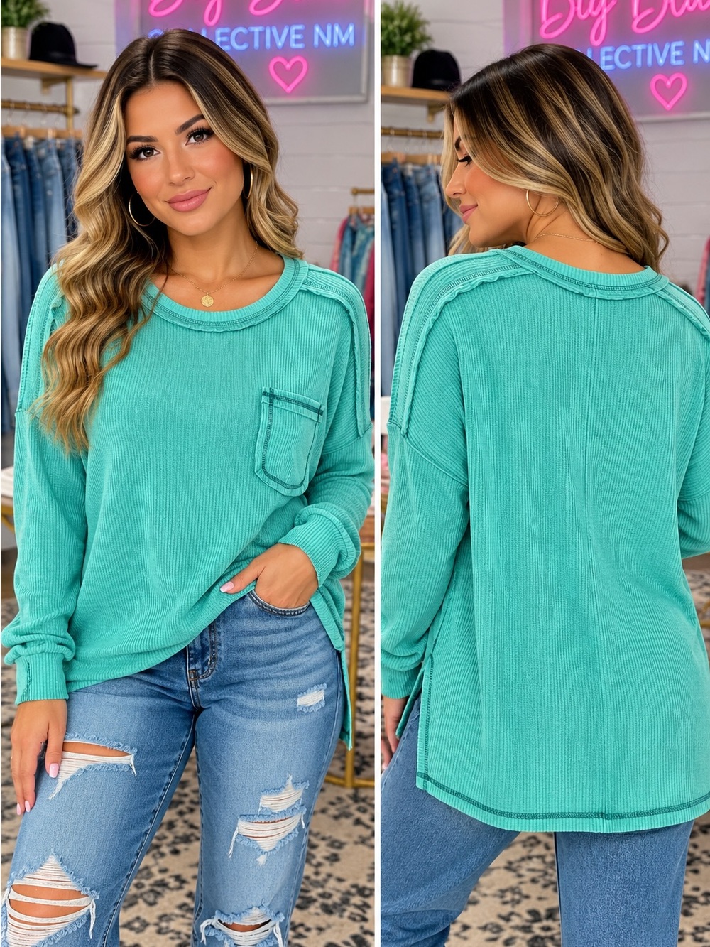 Zenana Outfitters Mint Ribbed Pocket Pullover